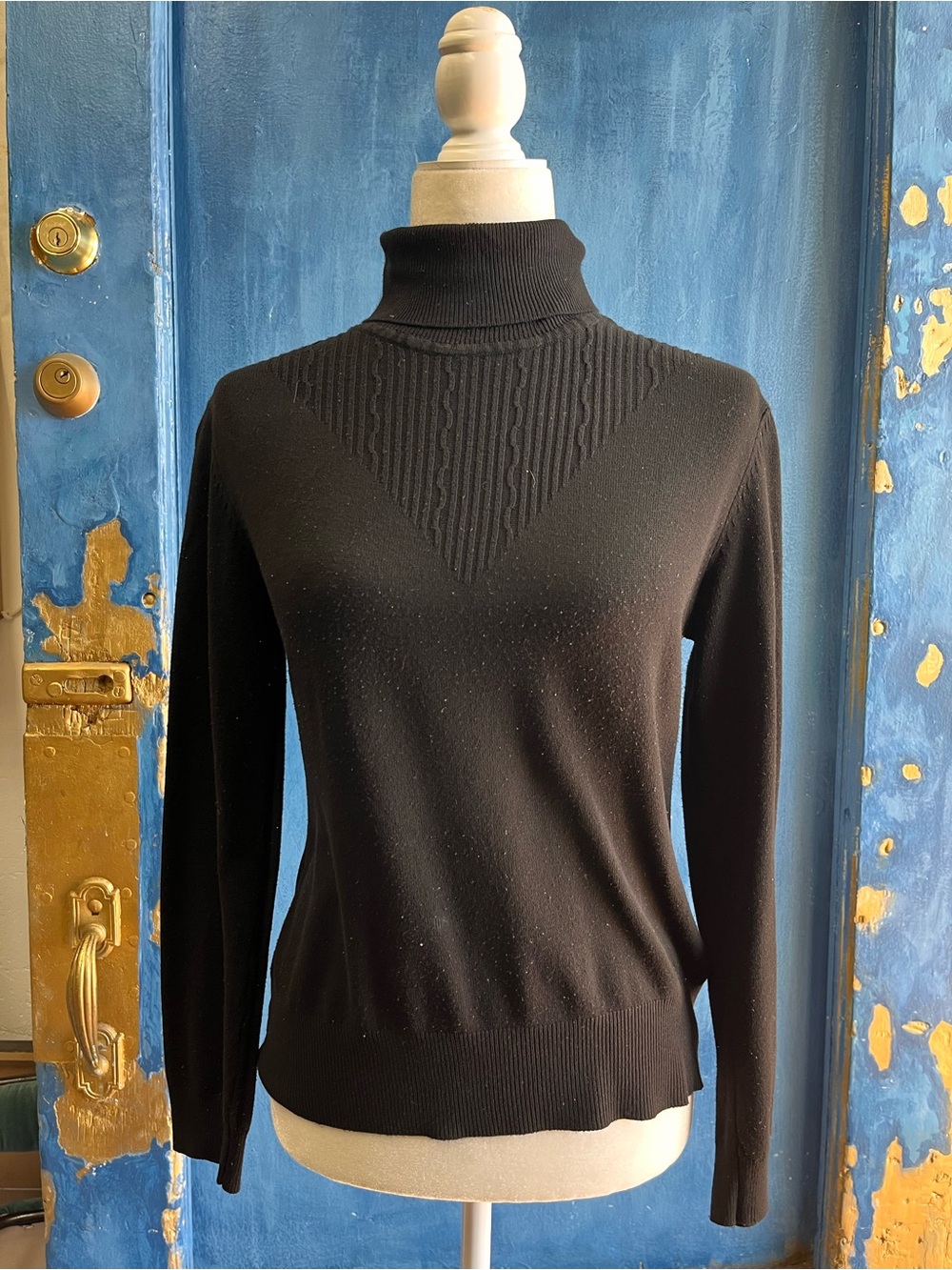 Women's Black Turtleneck Sweater with Ribbed Yoke